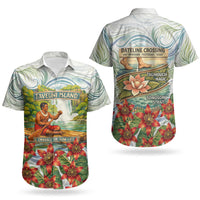 Fiji Taveuni Island Dateline Crossing Couples Matching Off The Shoulder Long Sleeve Dress and Hawaiian Shirt Tropical Cultural Landscape With Tagimoucia Floral Pattern