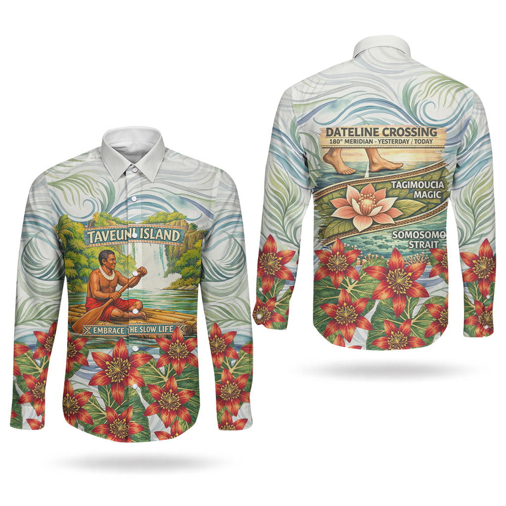 Fiji Taveuni Island Dateline Crossing Couples Matching Off The Shoulder Long Sleeve Dress and Long Sleeve Button Shirt Tropical Cultural Landscape With Tagimoucia Floral Pattern
