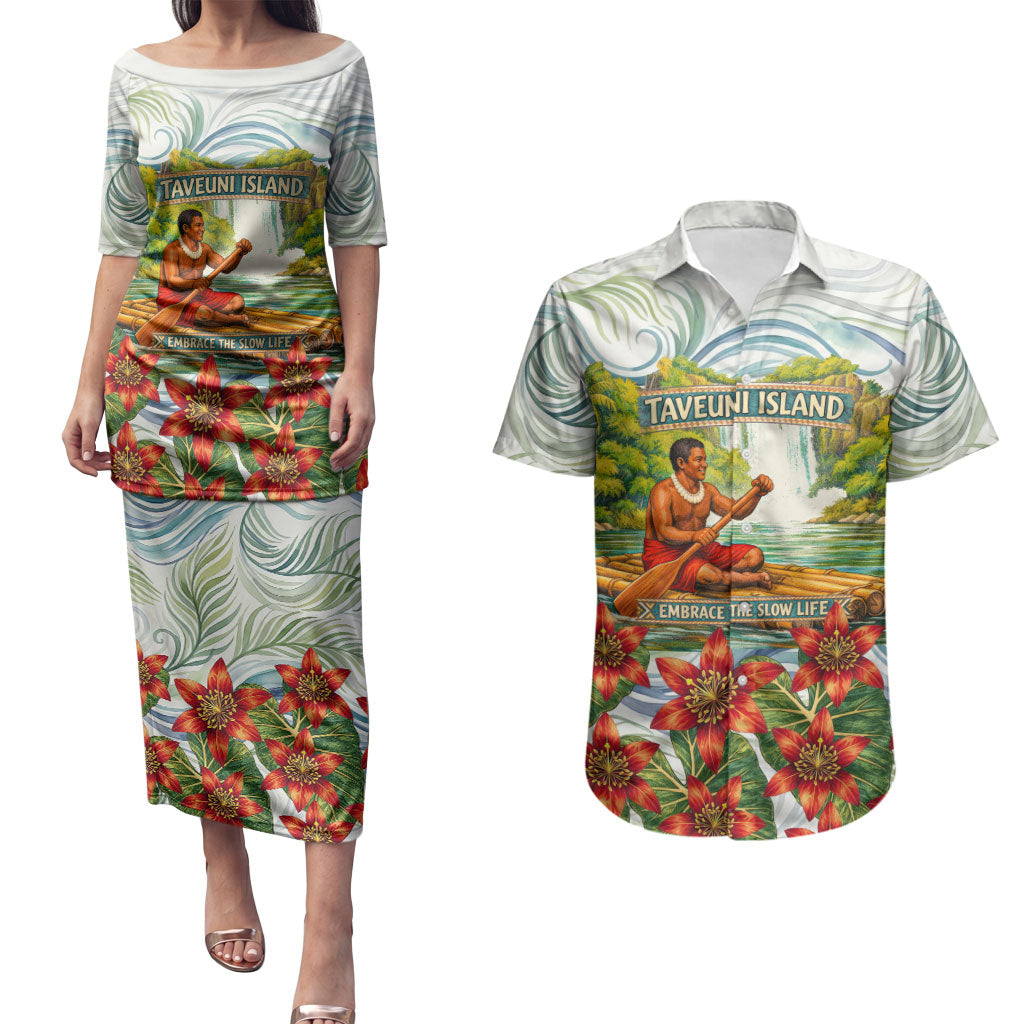 Fiji Taveuni Island Dateline Crossing Couples Matching Puletasi and Hawaiian Shirt Tropical Cultural Landscape With Tagimoucia Floral Pattern