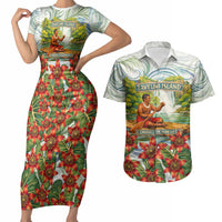 Fiji Taveuni Island Dateline Crossing Couples Matching Short Sleeve Bodycon Dress and Hawaiian Shirt Tropical Cultural Landscape With Tagimoucia Floral Pattern