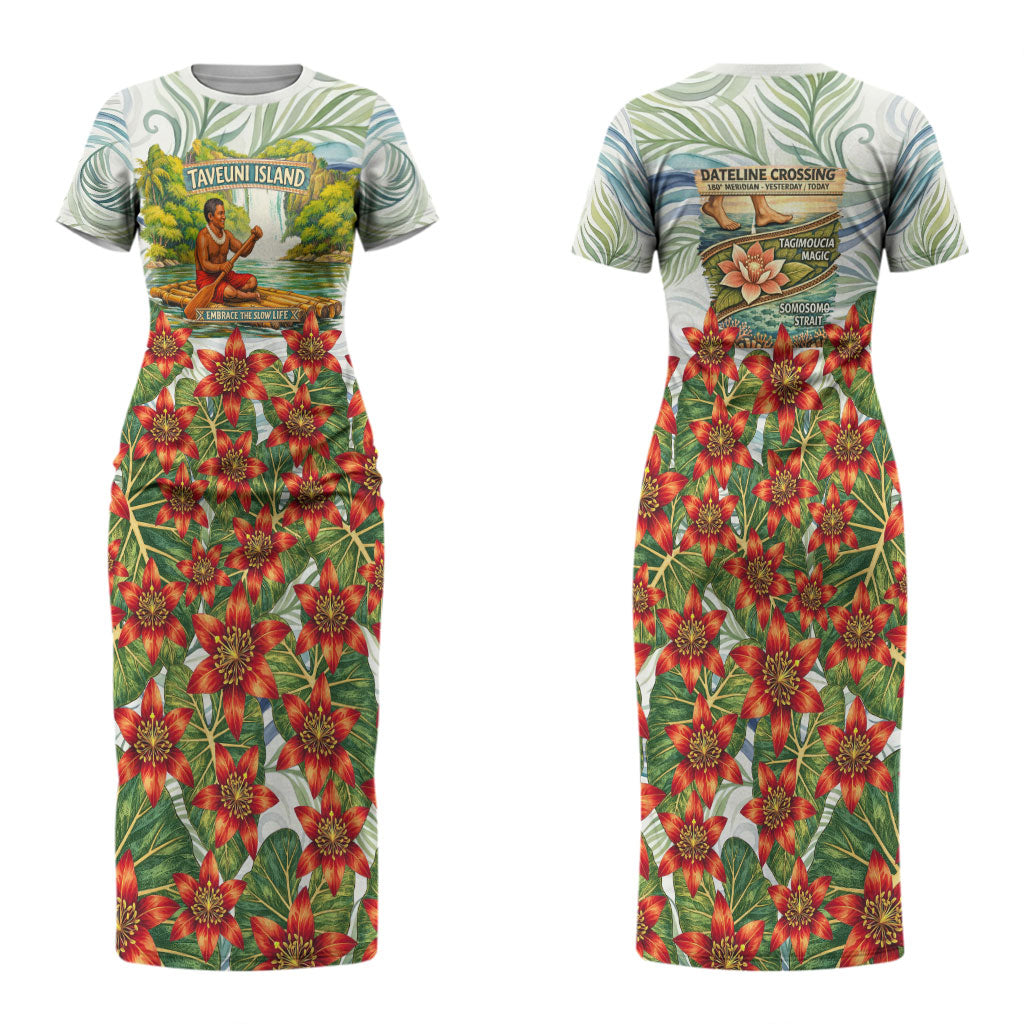 Fiji Taveuni Island Dateline Crossing Couples Matching Short Sleeve Bodycon Dress and Hawaiian Shirt Tropical Cultural Landscape With Tagimoucia Floral Pattern