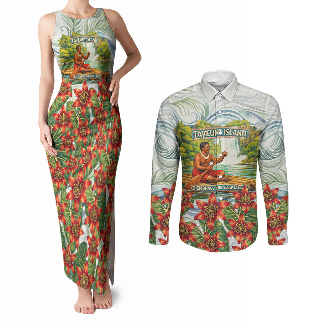 Fiji Taveuni Island Dateline Crossing Couples Matching Tank Maxi Dress and Long Sleeve Button Shirt Tropical Cultural Landscape With Tagimoucia Floral Pattern