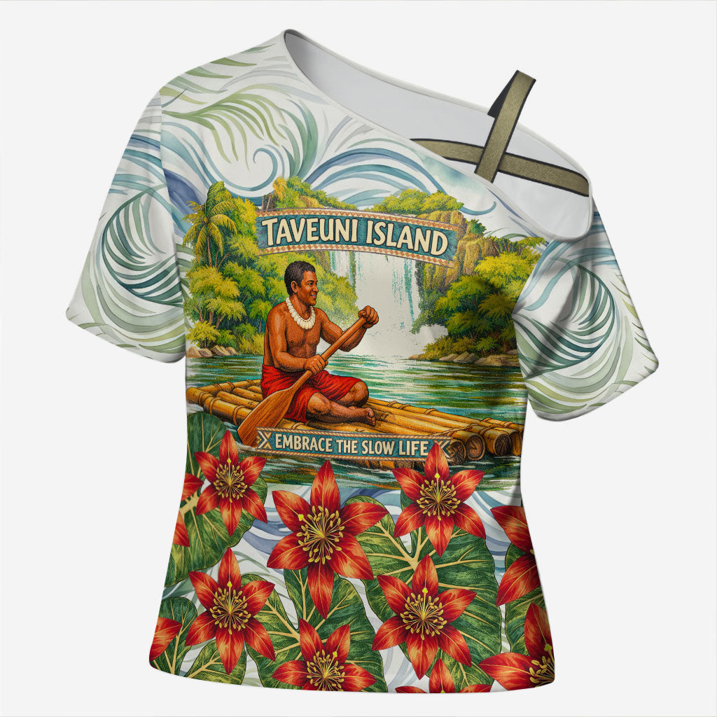 Fiji Taveuni Island Dateline Crossing Cross Shoulder Shirt Tropical Cultural Landscape With Tagimoucia Floral Pattern