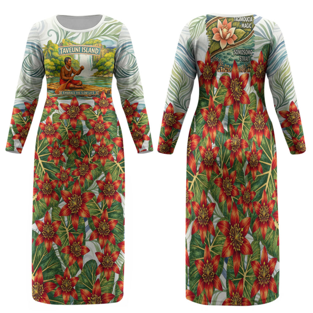 Fiji Taveuni Island Dateline Crossing Family Matching Long Sleeve Bodycon Dress and Hawaiian Shirt Tropical Cultural Landscape With Tagimoucia Floral Pattern