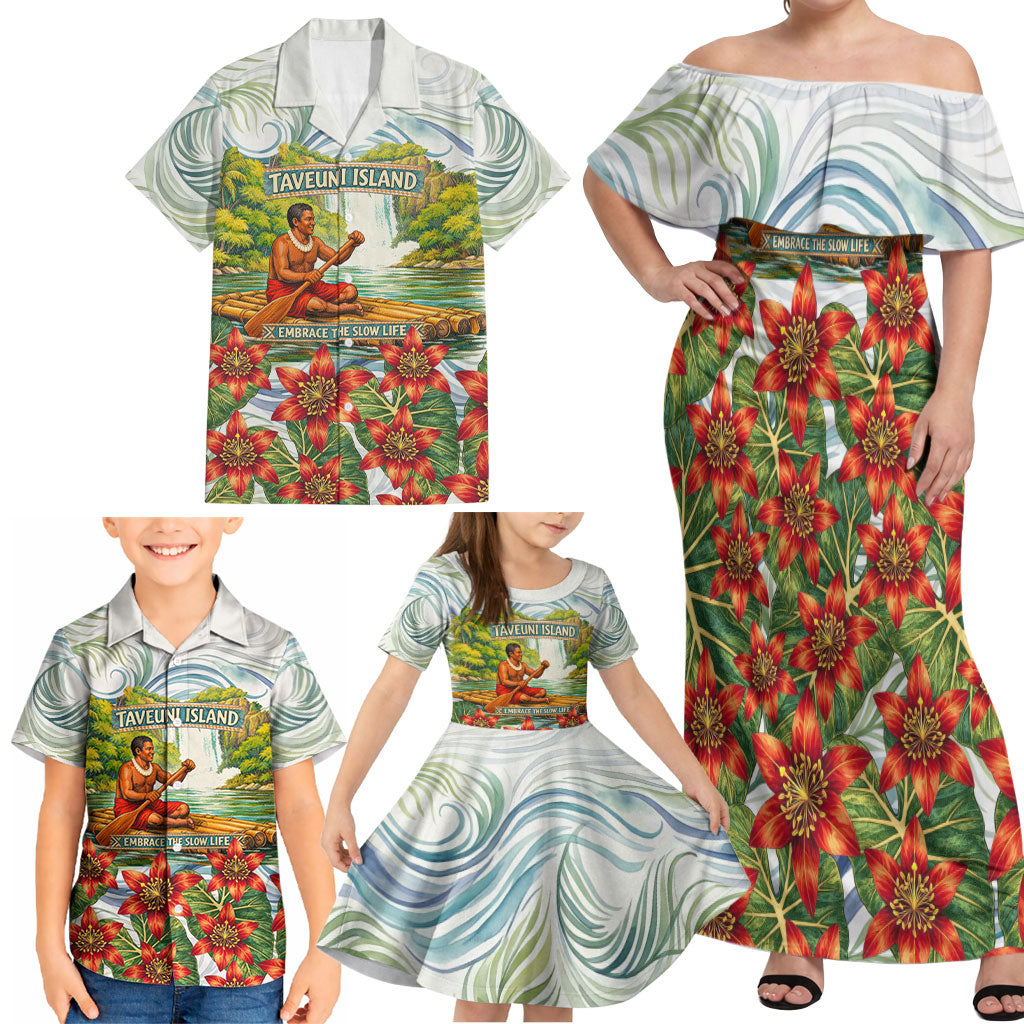 Fiji Taveuni Island Dateline Crossing Family Matching Off Shoulder Maxi Dress and Hawaiian Shirt Tropical Cultural Landscape With Tagimoucia Floral Pattern