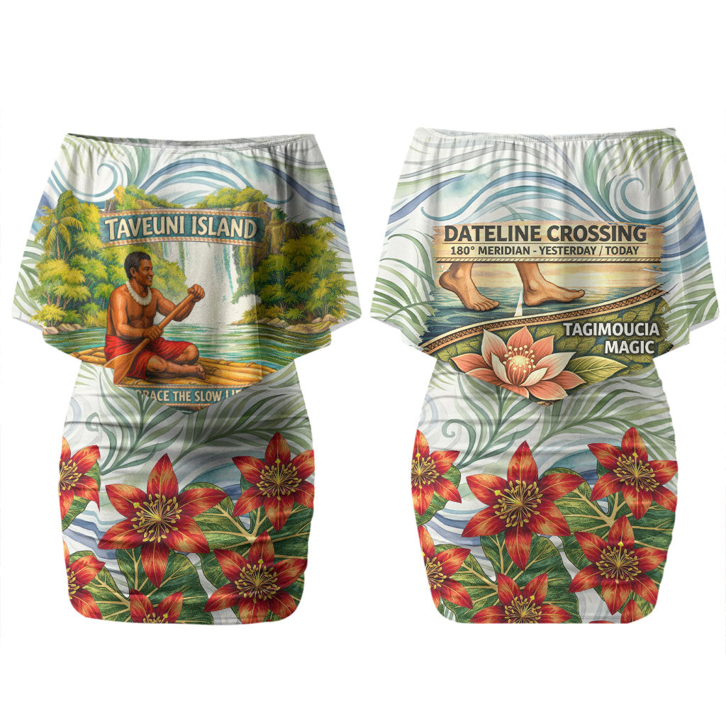 Fiji Taveuni Island Dateline Crossing Family Matching Off Shoulder Short Dress and Hawaiian Shirt Tropical Cultural Landscape With Tagimoucia Floral Pattern
