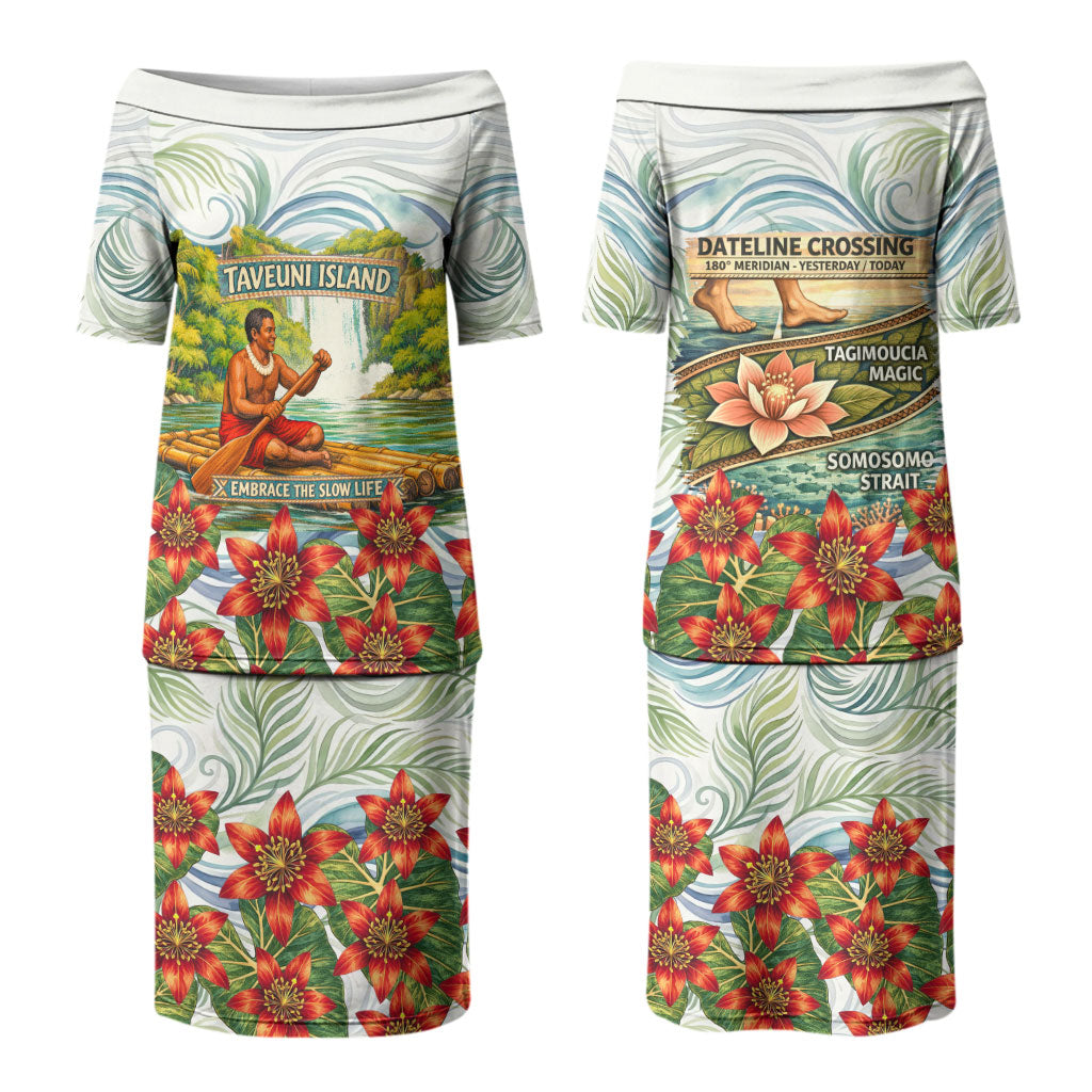 Fiji Taveuni Island Dateline Crossing Family Matching Puletasi and Hawaiian Shirt Tropical Cultural Landscape With Tagimoucia Floral Pattern