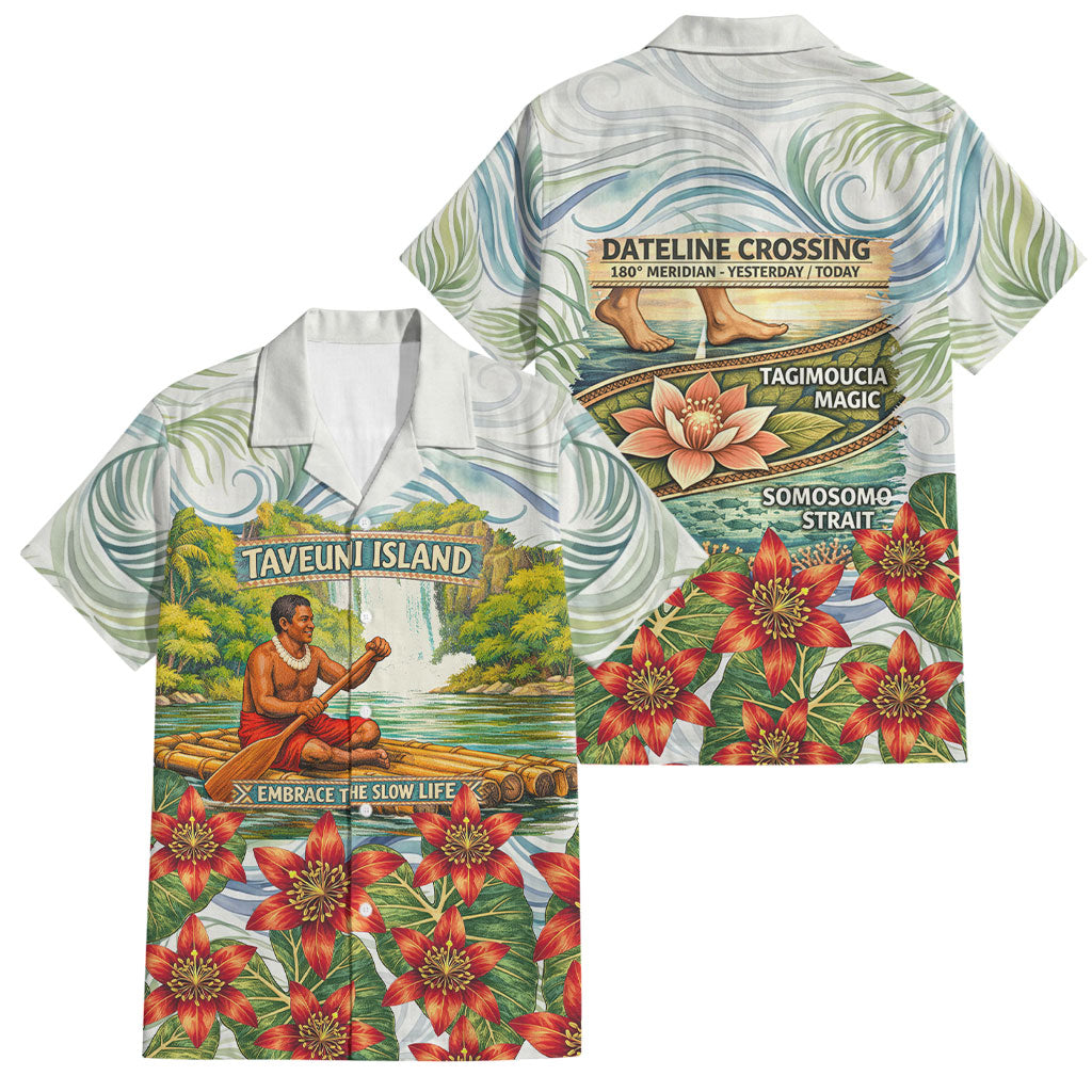 Fiji Taveuni Island Dateline Crossing Family Matching Puletasi and Hawaiian Shirt Tropical Cultural Landscape With Tagimoucia Floral Pattern