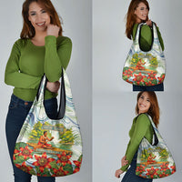 Fiji Taveuni Island Dateline Crossing Grocery Bag Tropical Cultural Landscape With Tagimoucia Floral Pattern