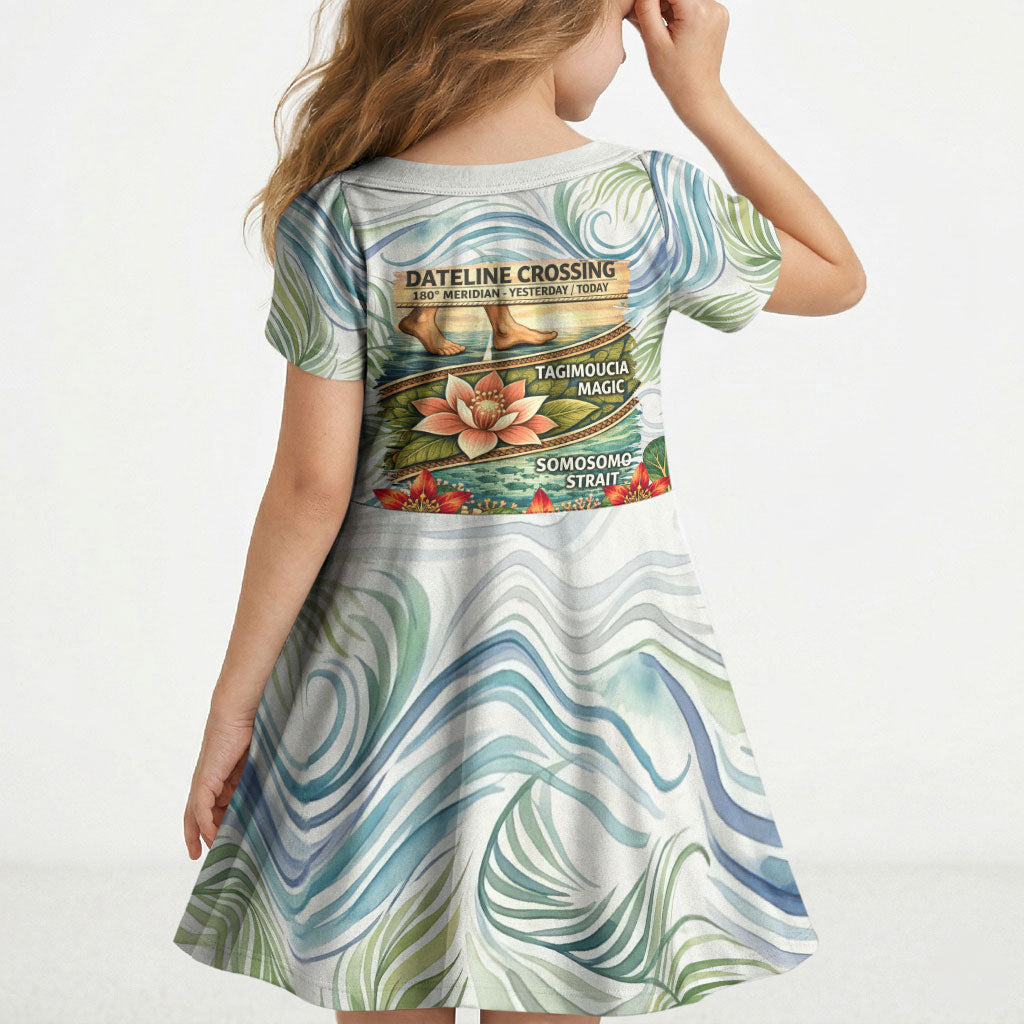 Fiji Taveuni Island Dateline Crossing Kid Short Sleeve Dress Tropical Cultural Landscape With Tagimoucia Floral Pattern