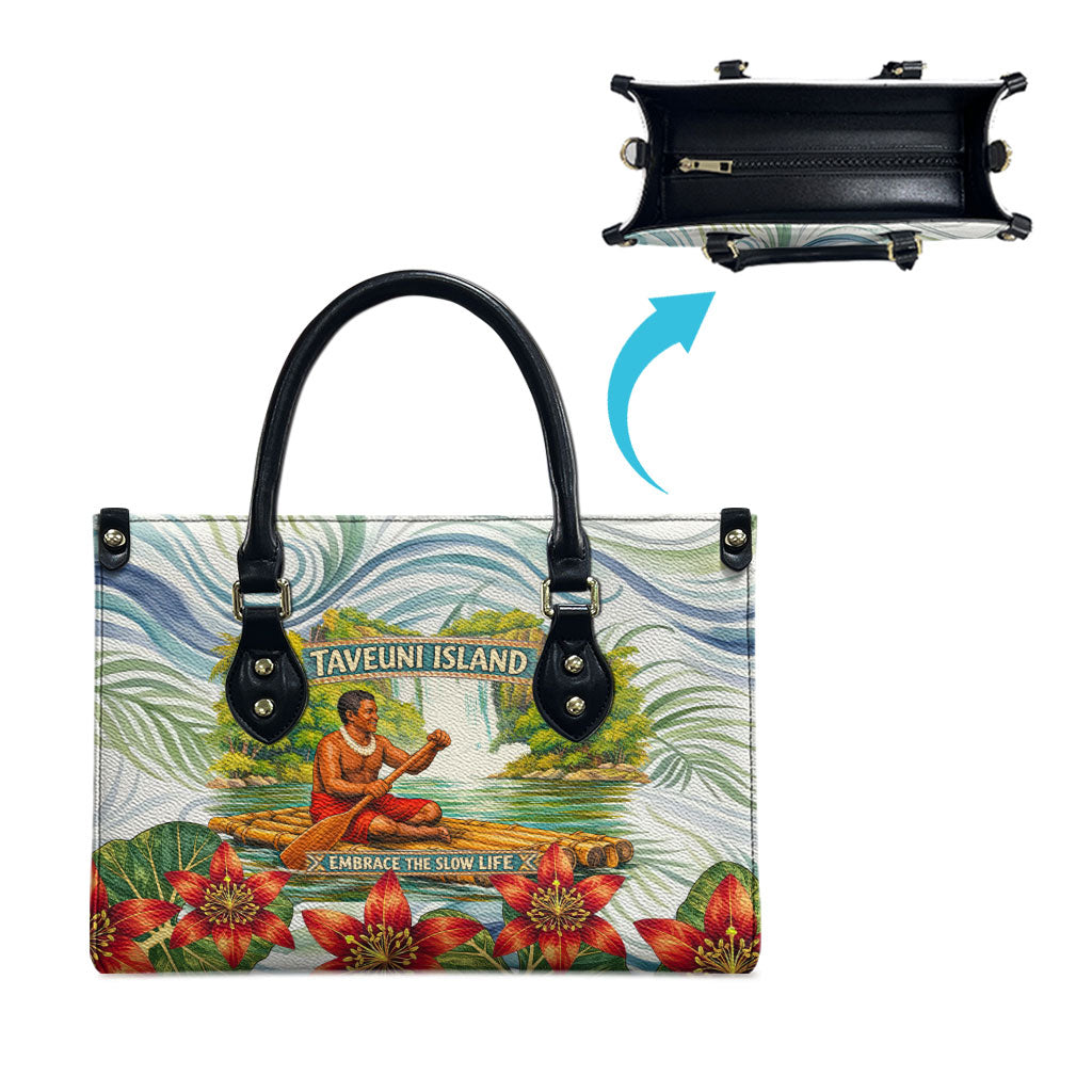 Fiji Taveuni Island Dateline Crossing Leather Bag Tropical Cultural Landscape With Tagimoucia Floral Pattern