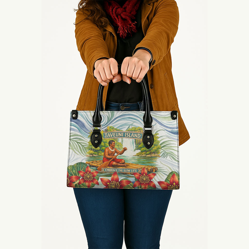 Fiji Taveuni Island Dateline Crossing Leather Bag Tropical Cultural Landscape With Tagimoucia Floral Pattern