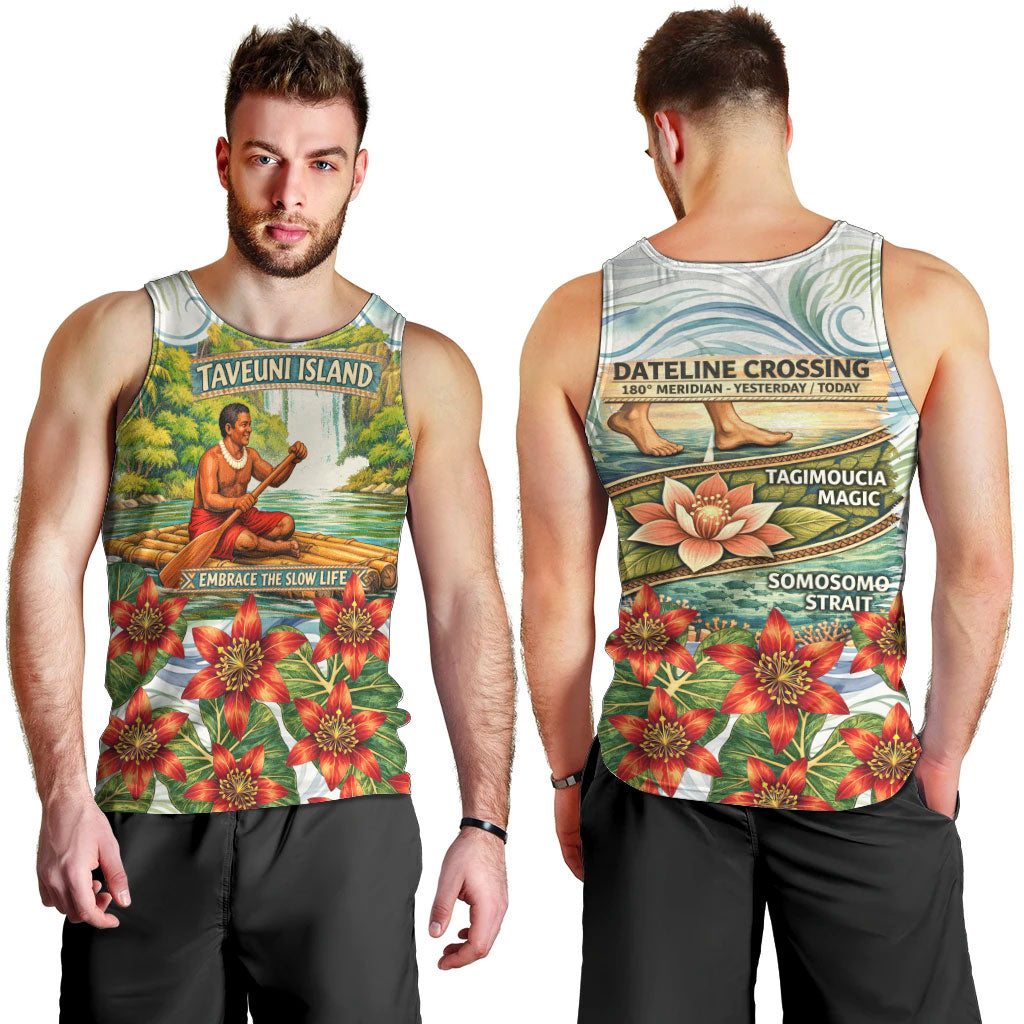 Fiji Taveuni Island Dateline Crossing Men Tank Top Tropical Cultural Landscape With Tagimoucia Floral Pattern