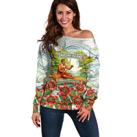 Fiji Taveuni Island Dateline Crossing Off Shoulder Sweater Tropical Cultural Landscape With Tagimoucia Floral Pattern