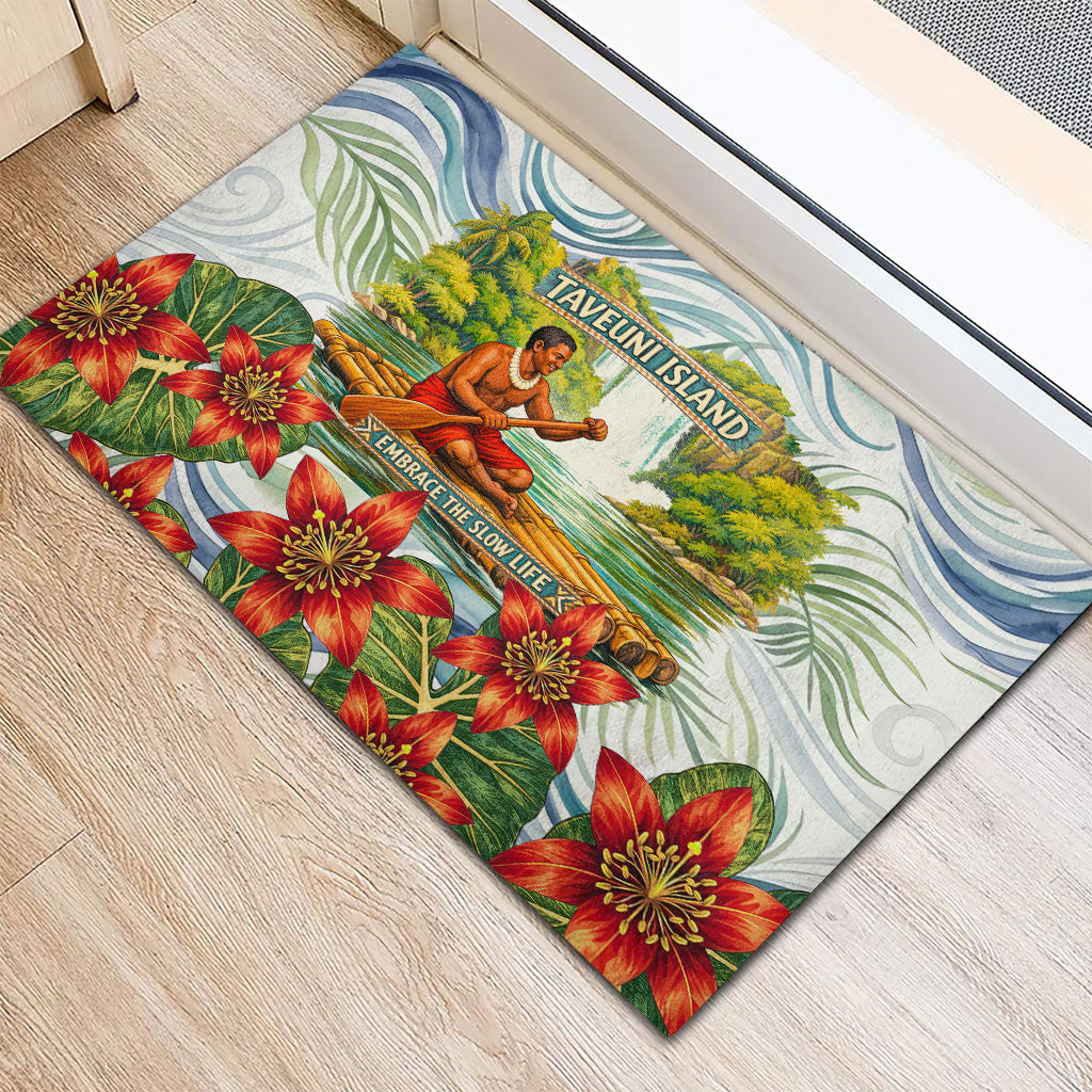 Fiji Taveuni Island Dateline Crossing Rubber Doormat Tropical Cultural Landscape With Tagimoucia Floral Pattern