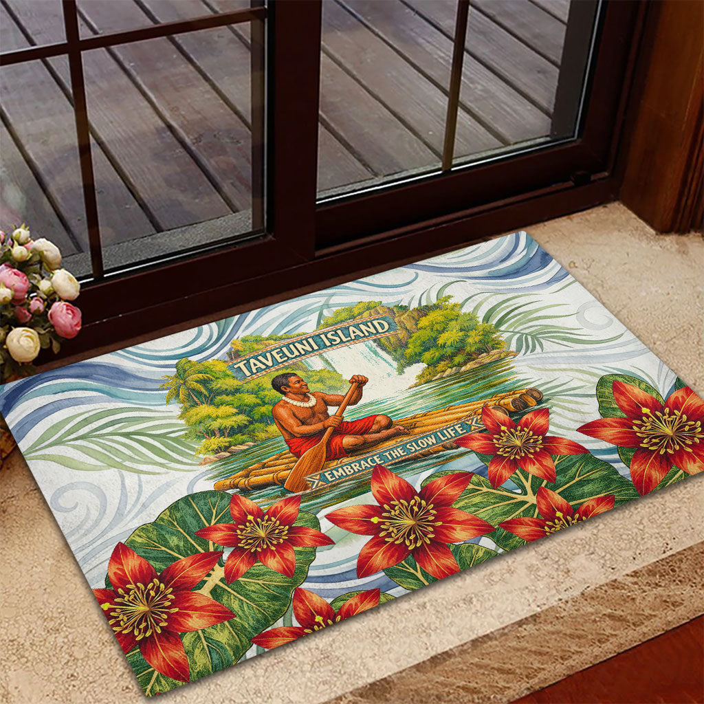 Fiji Taveuni Island Dateline Crossing Rubber Doormat Tropical Cultural Landscape With Tagimoucia Floral Pattern