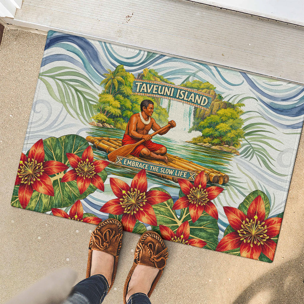 Fiji Taveuni Island Dateline Crossing Rubber Doormat Tropical Cultural Landscape With Tagimoucia Floral Pattern