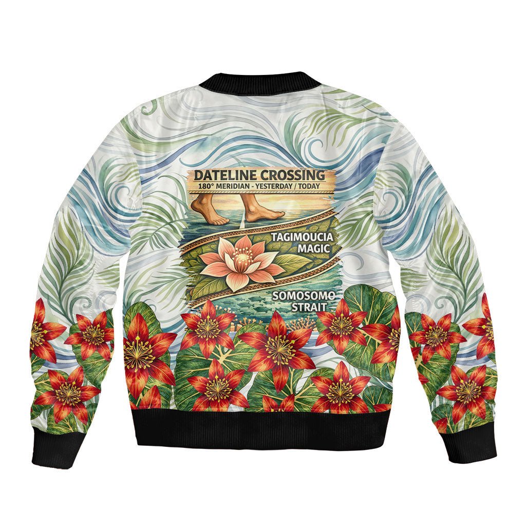 Fiji Taveuni Island Dateline Crossing Sleeve Zip Bomber Jacket Tropical Cultural Landscape With Tagimoucia Floral Pattern