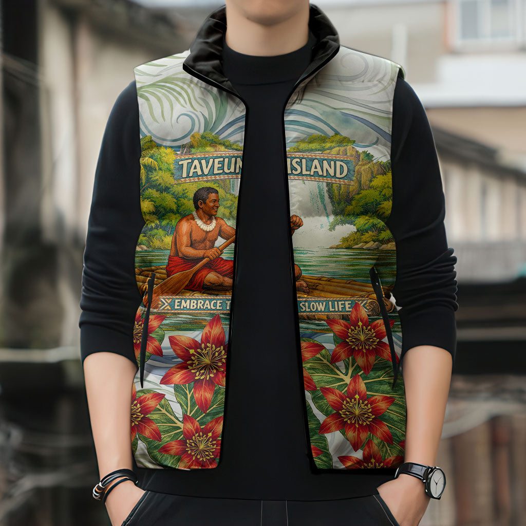 Fiji Taveuni Island Dateline Crossing Sleeveless Puffer Jacket Tropical Cultural Landscape With Tagimoucia Floral Pattern