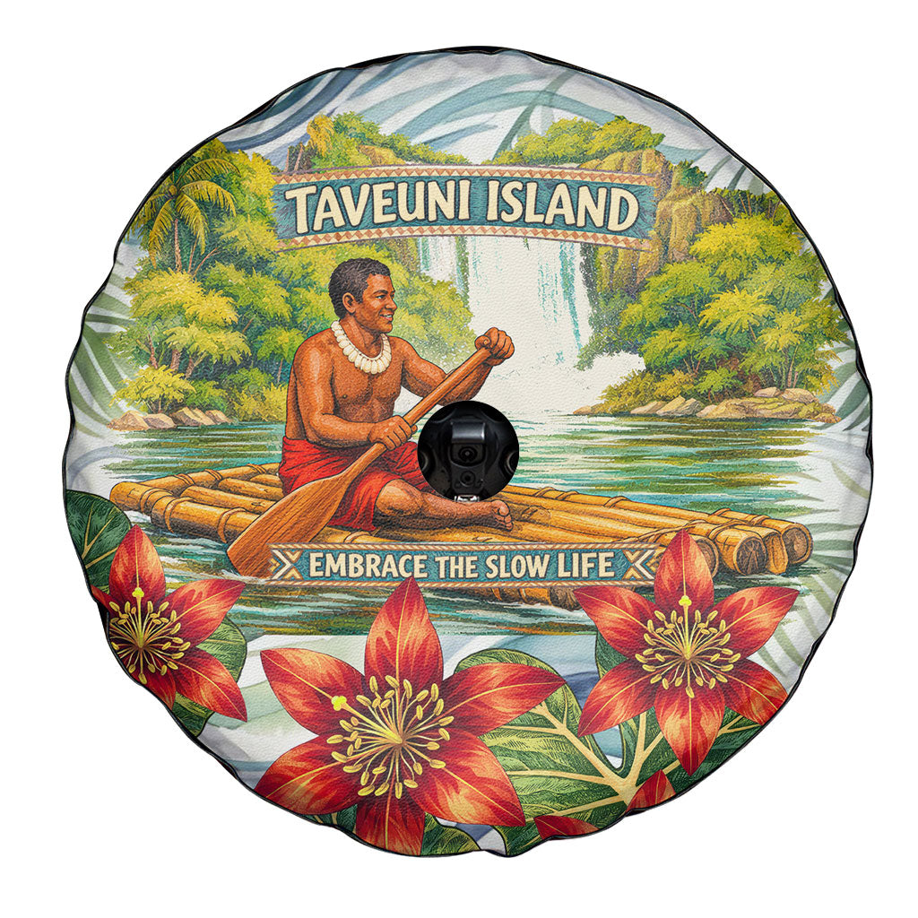 Fiji Taveuni Island Dateline Crossing Spare Tire Cover Tropical Cultural Landscape With Tagimoucia Floral Pattern