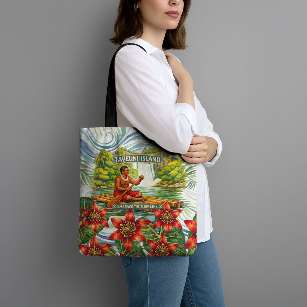 Fiji Taveuni Island Dateline Crossing Tote Bag Tropical Cultural Landscape With Tagimoucia Floral Pattern