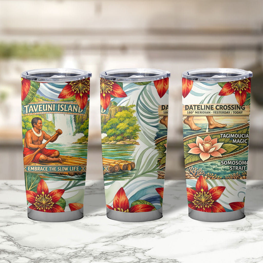 Fiji Taveuni Island Dateline Crossing Tumbler Cup Tropical Cultural Landscape With Tagimoucia Floral Pattern