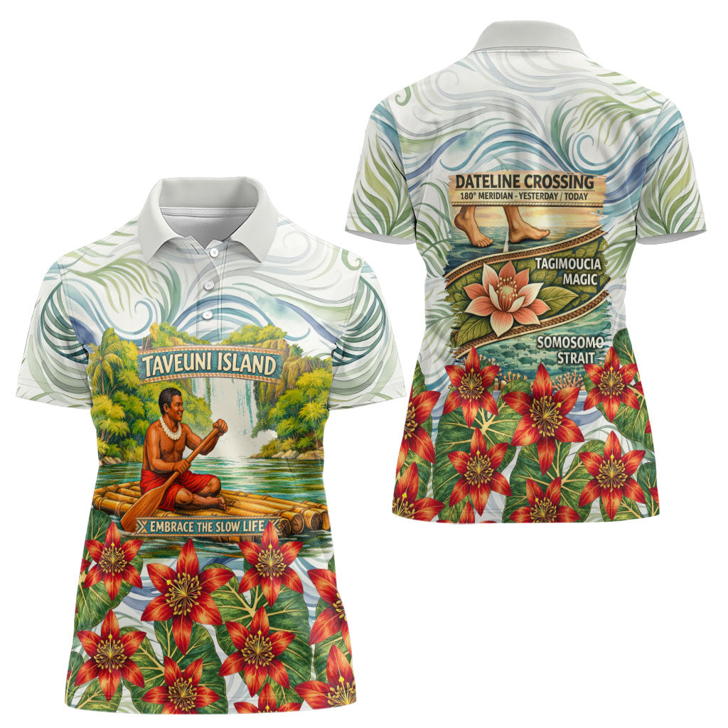 Fiji Taveuni Island Dateline Crossing Women Polo Shirt Tropical Cultural Landscape With Tagimoucia Floral Pattern