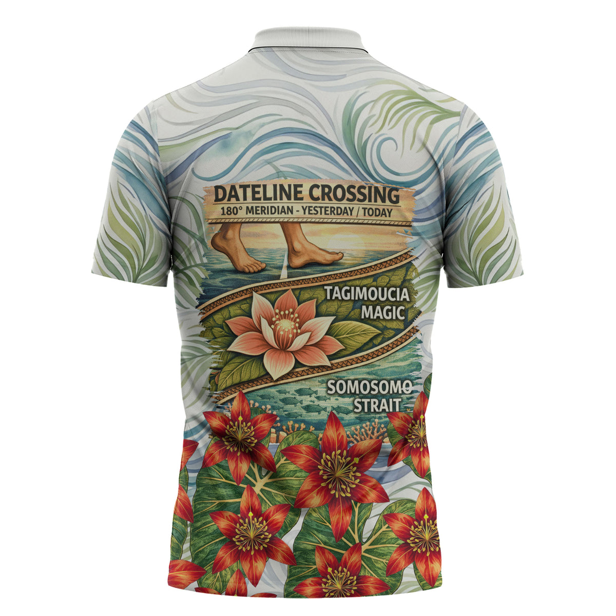 Fiji Taveuni Island Dateline Crossing Zipper Polo Shirt Tropical Cultural Landscape With Tagimoucia Floral Pattern