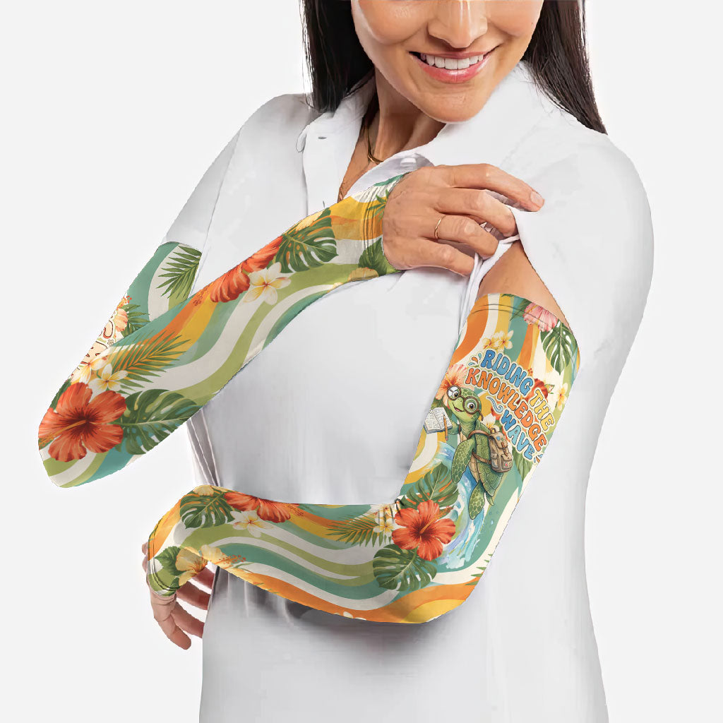Hawaii Aloha Academy Back To School Arm Sleeves Sea Turtle Tropical Hibiscus Flowers Retro Psychedelic