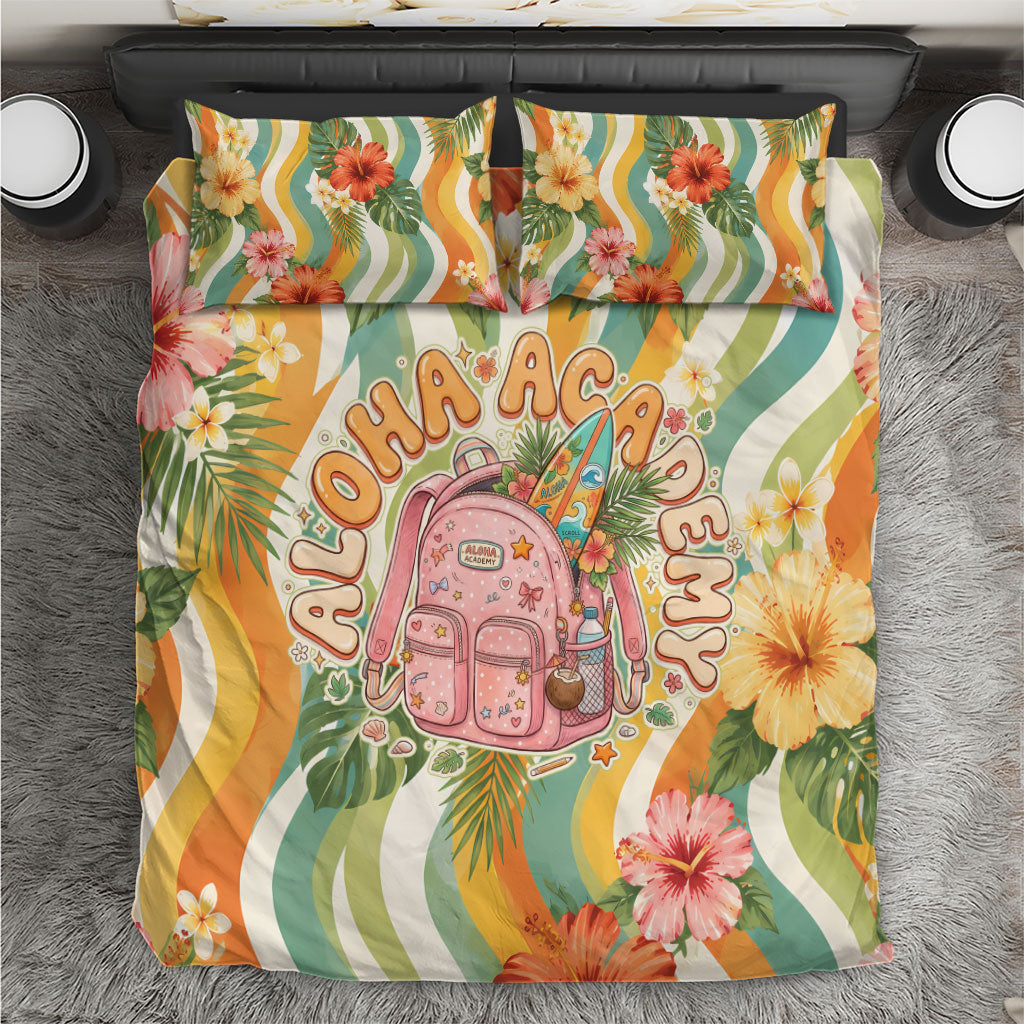 Hawaii Aloha Academy Back To School Bedding Set Sea Turtle Tropical Hibiscus Flowers Retro Psychedelic