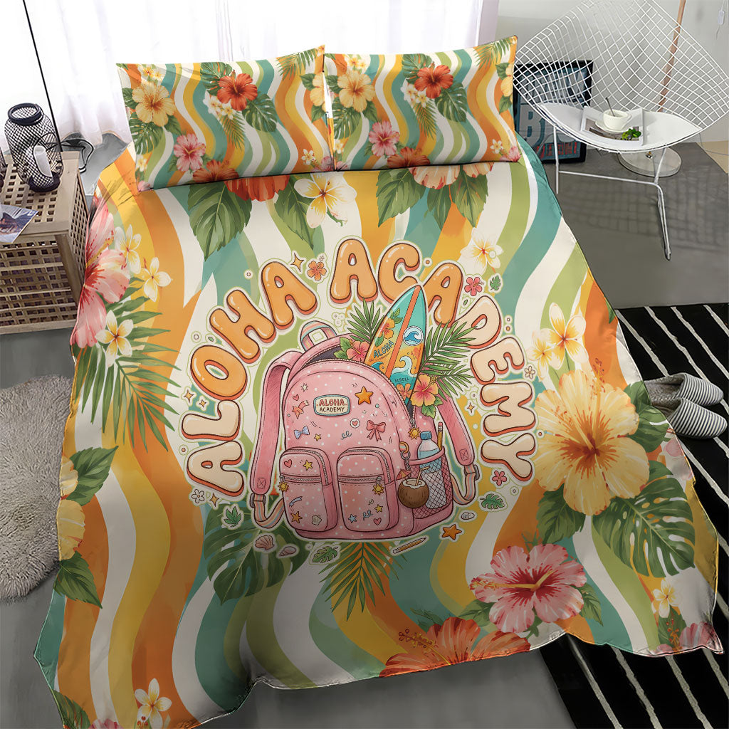 Hawaii Aloha Academy Back To School Bedding Set Sea Turtle Tropical Hibiscus Flowers Retro Psychedelic