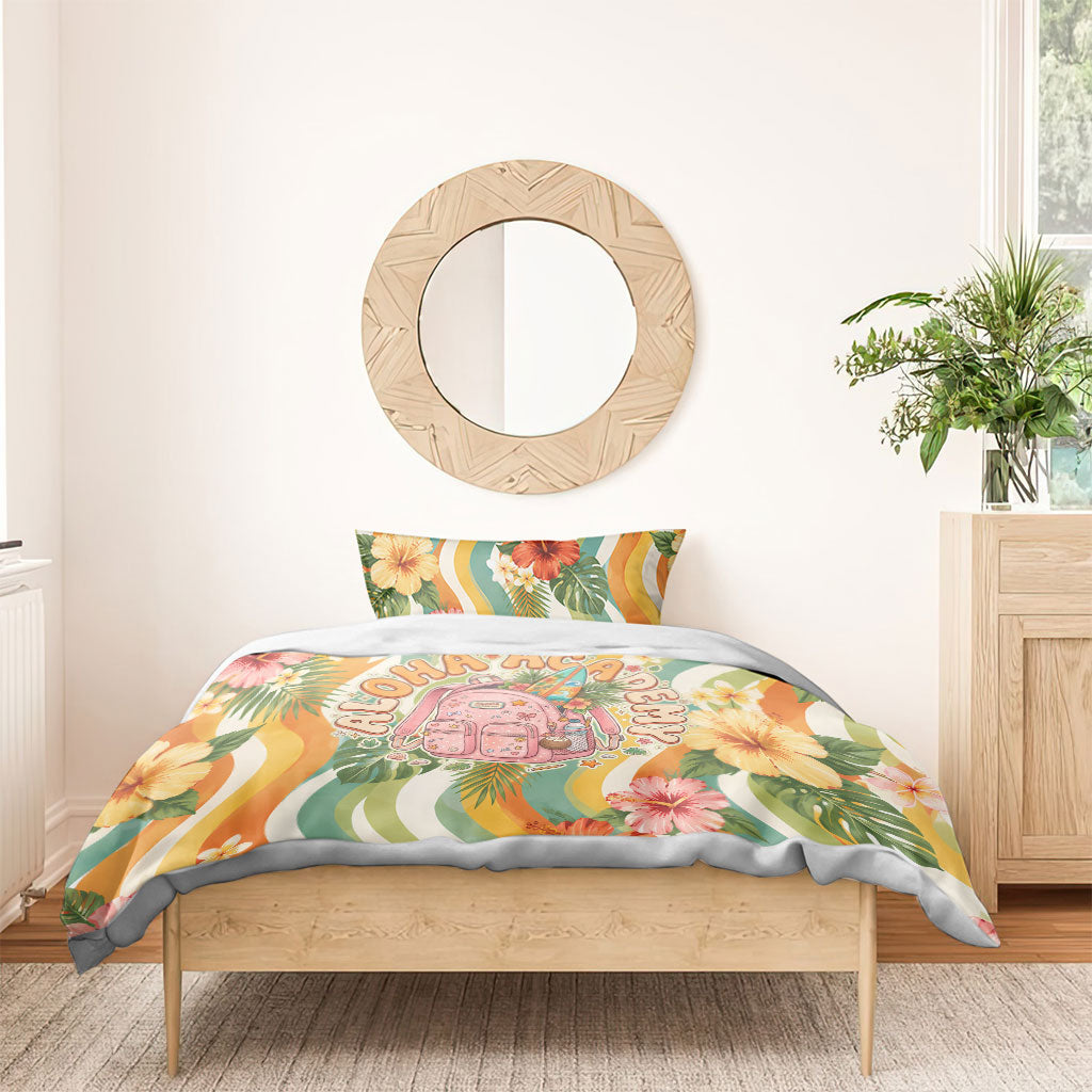 Hawaii Aloha Academy Back To School Bedding Set Sea Turtle Tropical Hibiscus Flowers Retro Psychedelic