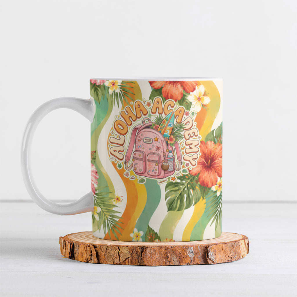 Hawaii Aloha Academy Back To School Ceramic Mug Sea Turtle Tropical Hibiscus Flowers Retro Psychedelic