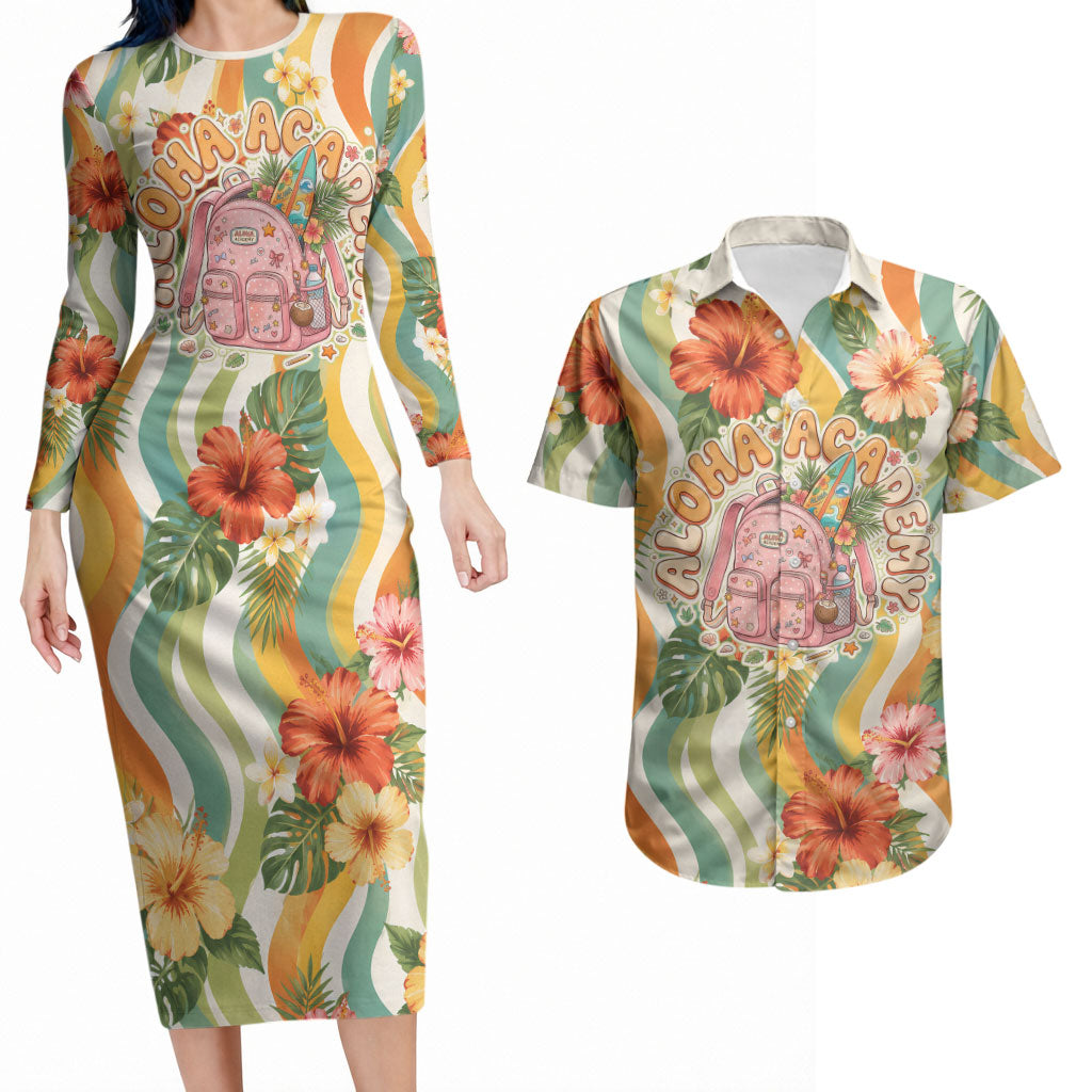 Hawaii Aloha Academy Back To School Couples Matching Long Sleeve Bodycon Dress and Hawaiian Shirt Sea Turtle Tropical Hibiscus Flowers Retro Psychedelic