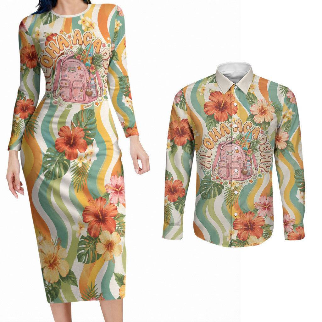 Hawaii Aloha Academy Back To School Couples Matching Long Sleeve Bodycon Dress and Long Sleeve Button Shirt Sea Turtle Tropical Hibiscus Flowers Retro Psychedelic