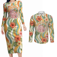 Hawaii Aloha Academy Back To School Couples Matching Long Sleeve Bodycon Dress and Long Sleeve Button Shirt Sea Turtle Tropical Hibiscus Flowers Retro Psychedelic