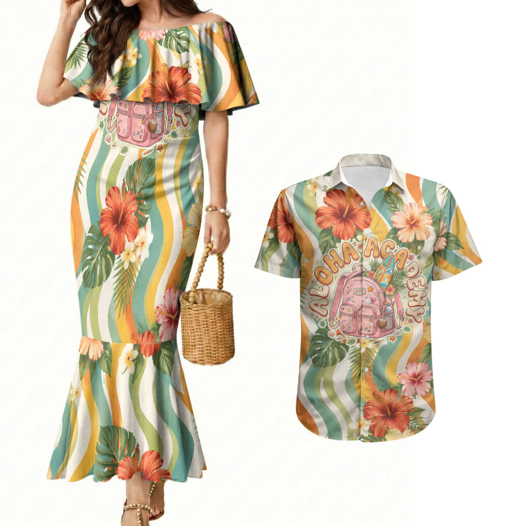 Hawaii Aloha Academy Back To School Couples Matching Mermaid Dress and Hawaiian Shirt Sea Turtle Tropical Hibiscus Flowers Retro Psychedelic
