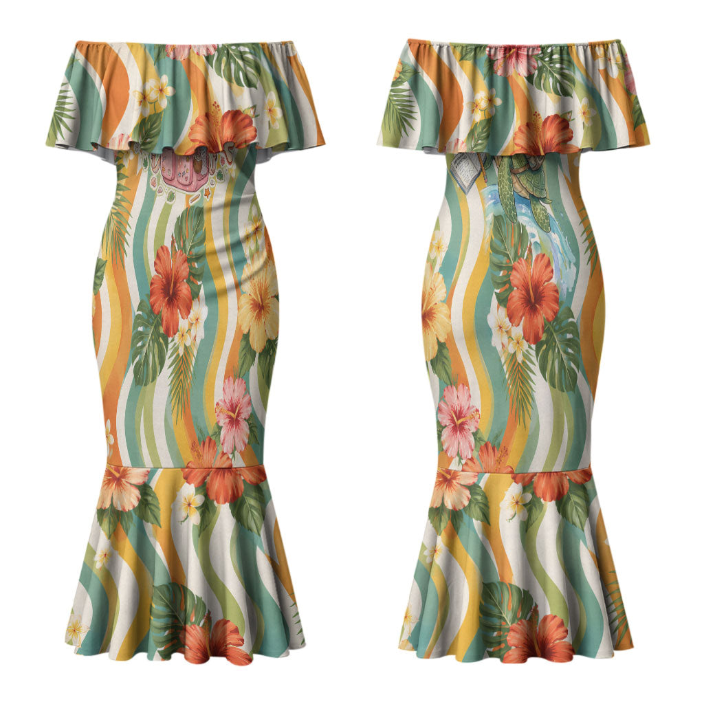 Hawaii Aloha Academy Back To School Couples Matching Mermaid Dress and Hawaiian Shirt Sea Turtle Tropical Hibiscus Flowers Retro Psychedelic