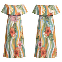 Hawaii Aloha Academy Back To School Couples Matching Off Shoulder Maxi Dress and Hawaiian Shirt Sea Turtle Tropical Hibiscus Flowers Retro Psychedelic