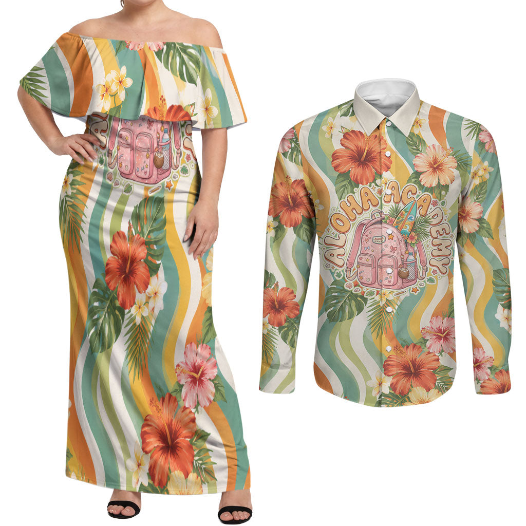 Hawaii Aloha Academy Back To School Couples Matching Off Shoulder Maxi Dress and Long Sleeve Button Shirt Sea Turtle Tropical Hibiscus Flowers Retro Psychedelic