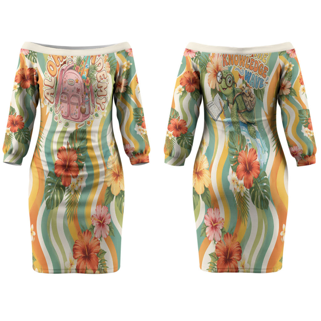 Hawaii Aloha Academy Back To School Couples Matching Off The Shoulder Long Sleeve Dress and Hawaiian Shirt Sea Turtle Tropical Hibiscus Flowers Retro Psychedelic