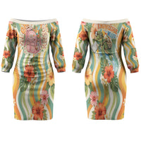 Hawaii Aloha Academy Back To School Couples Matching Off The Shoulder Long Sleeve Dress and Hawaiian Shirt Sea Turtle Tropical Hibiscus Flowers Retro Psychedelic