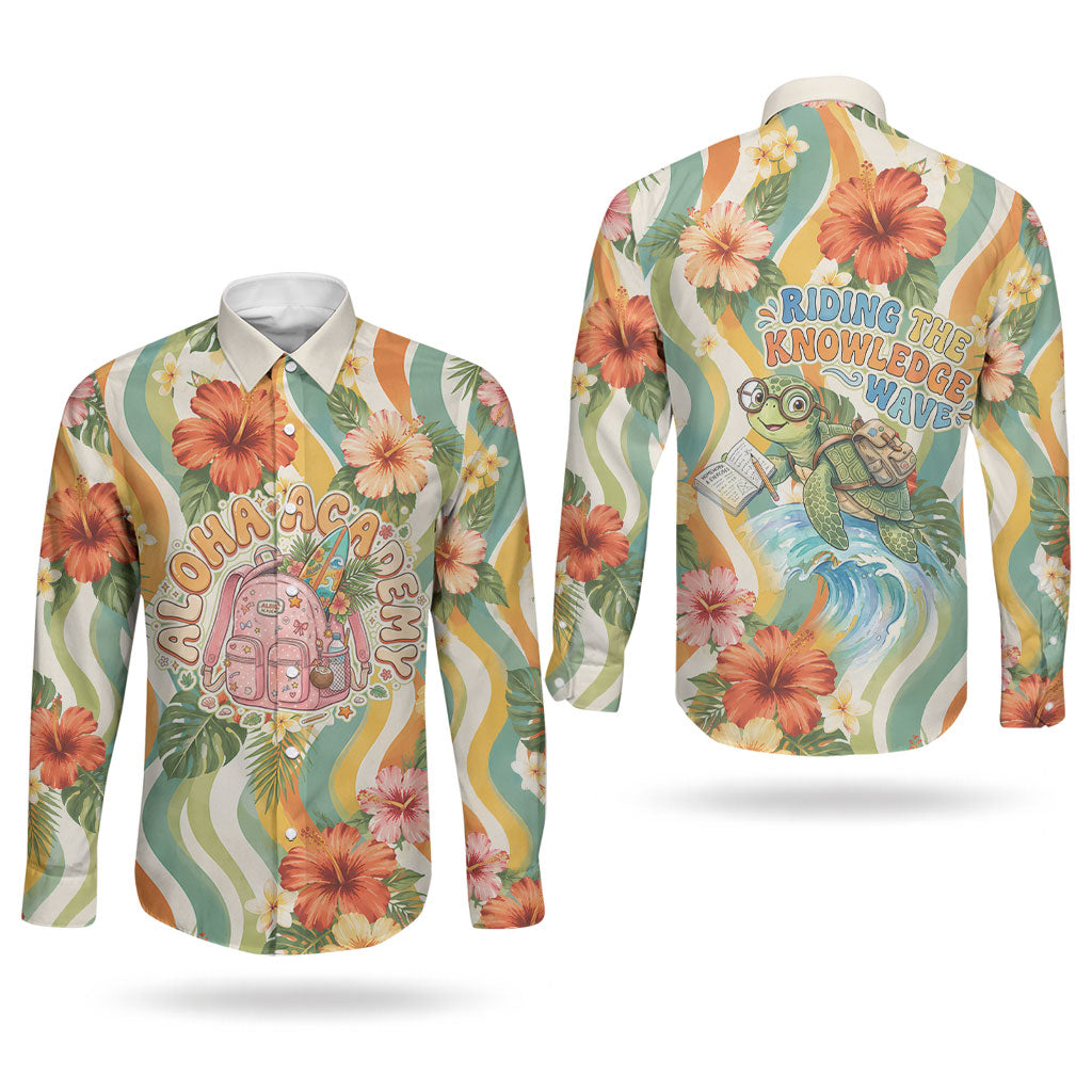 Hawaii Aloha Academy Back To School Couples Matching Puletasi and Long Sleeve Button Shirt Sea Turtle Tropical Hibiscus Flowers Retro Psychedelic