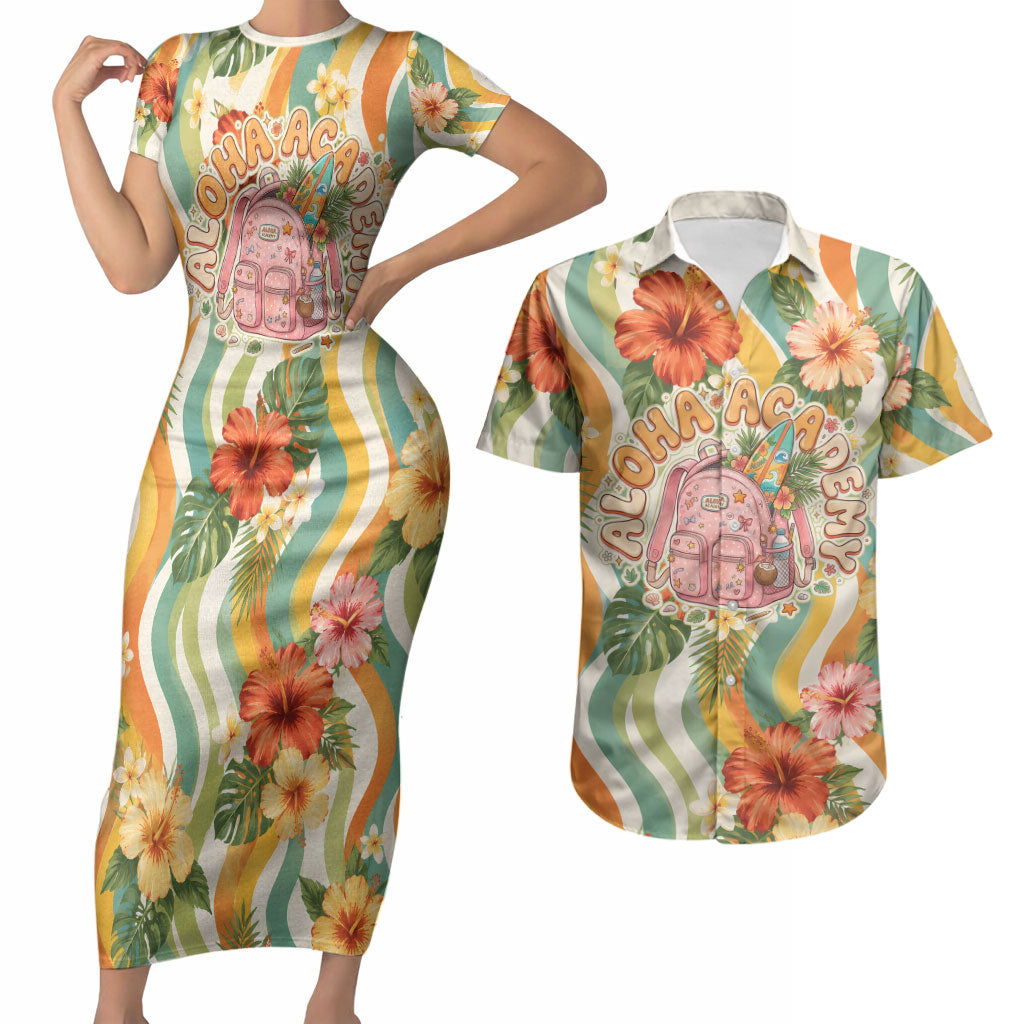 Hawaii Aloha Academy Back To School Couples Matching Short Sleeve Bodycon Dress and Hawaiian Shirt Sea Turtle Tropical Hibiscus Flowers Retro Psychedelic