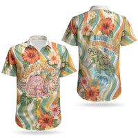 Hawaii Aloha Academy Back To School Couples Matching Short Sleeve Bodycon Dress and Hawaiian Shirt Sea Turtle Tropical Hibiscus Flowers Retro Psychedelic