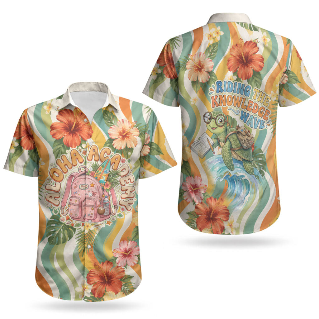 Hawaii Aloha Academy Back To School Couples Matching Summer Maxi Dress and Hawaiian Shirt Sea Turtle Tropical Hibiscus Flowers Retro Psychedelic