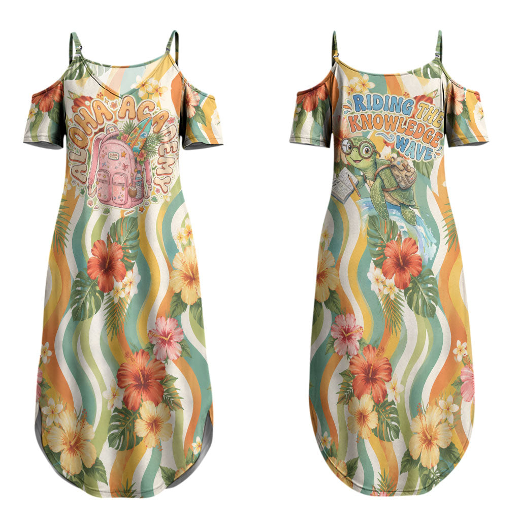 Hawaii Aloha Academy Back To School Couples Matching Summer Maxi Dress and Long Sleeve Button Shirt Sea Turtle Tropical Hibiscus Flowers Retro Psychedelic