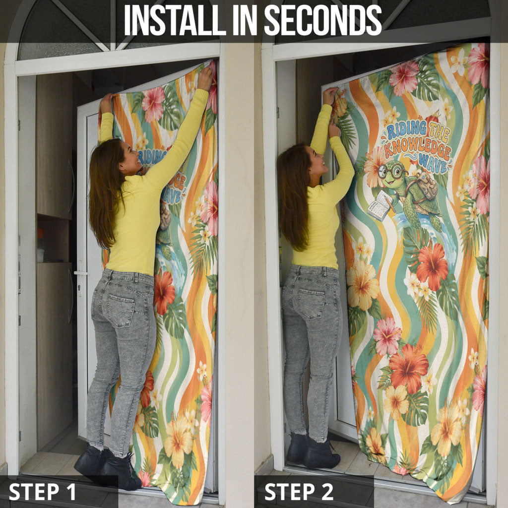 Hawaii Aloha Academy Back To School Door Cover Sea Turtle Tropical Hibiscus Flowers Retro Psychedelic