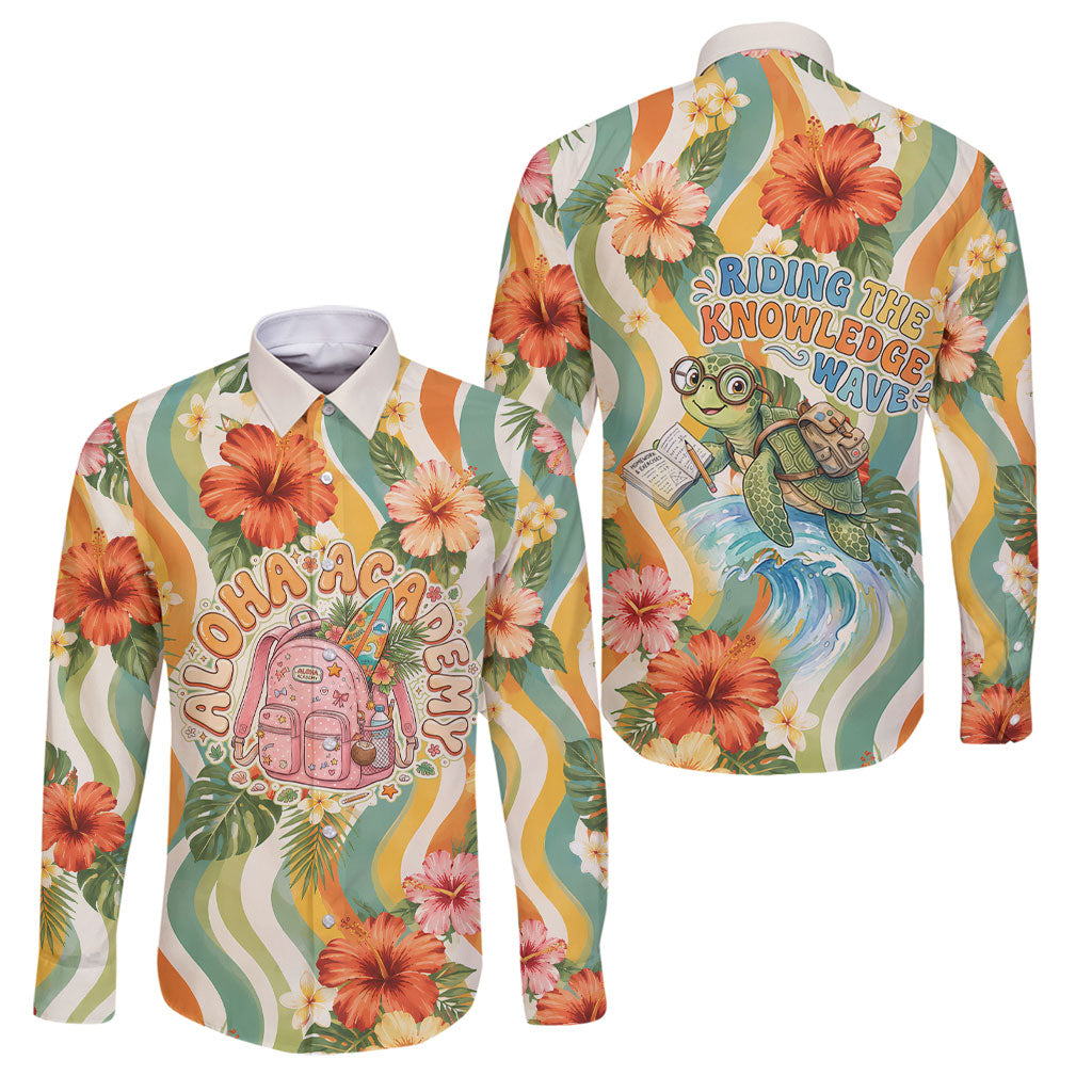 Hawaii Aloha Academy Back To School Family Matching Long Sleeve Bodycon Dress and Hawaiian Shirt Sea Turtle Tropical Hibiscus Flowers Retro Psychedelic