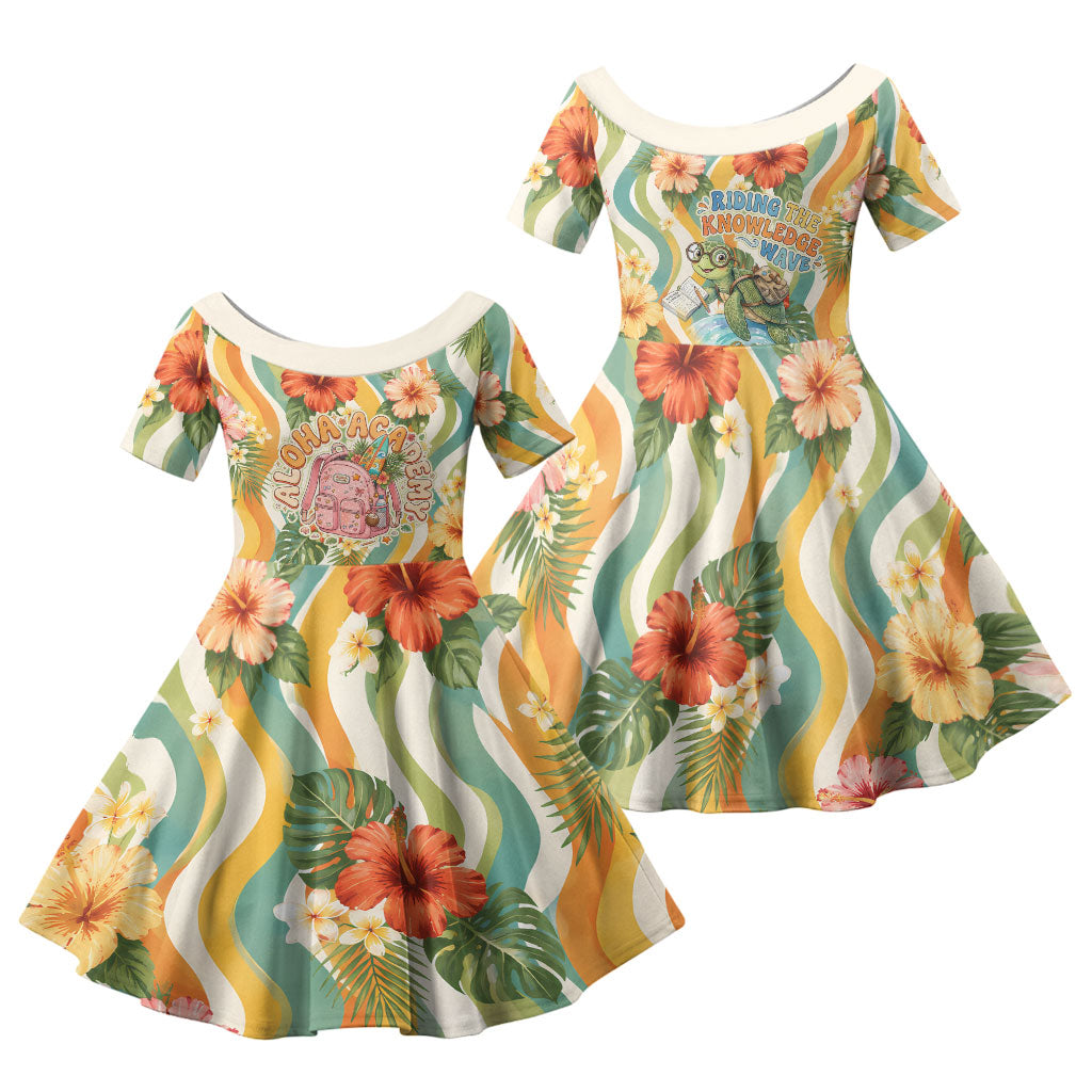 Hawaii Aloha Academy Back To School Family Matching Long Sleeve Bodycon Dress and Hawaiian Shirt Sea Turtle Tropical Hibiscus Flowers Retro Psychedelic